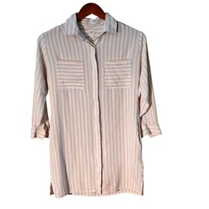 GAP Striped Tan & White Shirt Women's XS 100% Rayon Viscose 3/4 Button Sleeve